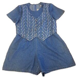 Vintage Denim Romper Womens 1980s Vest Tieback Shoulder Pads Large Petite